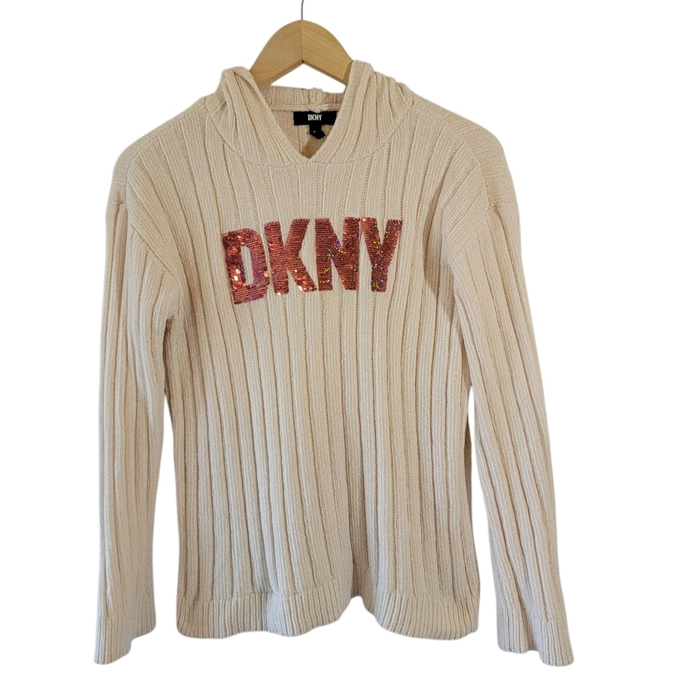 DKNY Girls Flip Sequin Hoodie Sweater XL Ivory Ribbed Knit Y2K Girlhood College